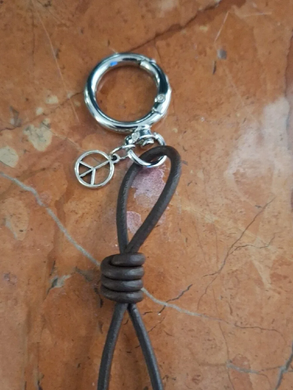Beaded Leather Keychain with Peace Charm - Brown, Beige, Gray